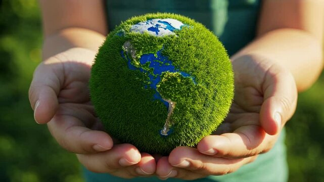 Hands hold a green globe representing environmental awareness and efforts to protect the planet amid lush greenery in a sunny outdoor setting
