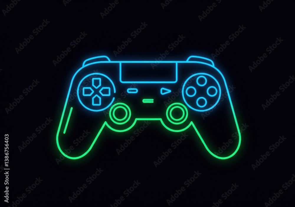 Aufkleber a neon game controller with blue and green lights on a black background in a minimalist style image