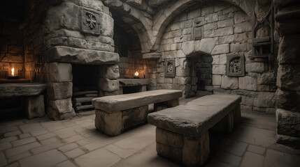 Fototapeta premium underground crypt with stone coffins and burning torches
