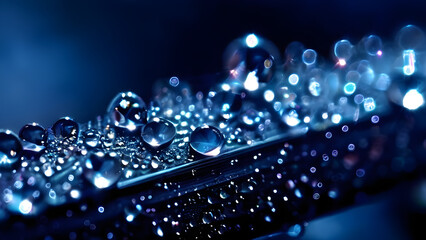 Macro view of clustered water droplets glowing with blue illumination creating futuristic sparkling abstract pattern
