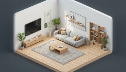 Stylized isometric living room showcases modern minimalist design elements