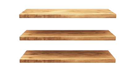 Three empty wooden floating shelves isolated on transparent background