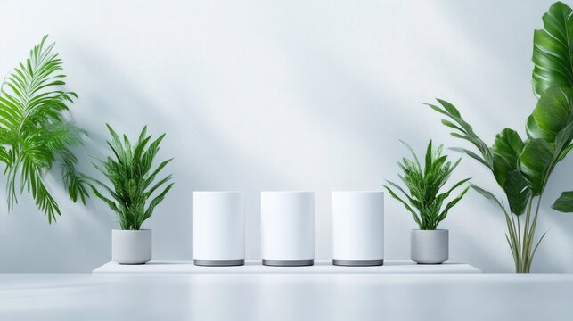 Three white cylindrical containers are centrally positioned. Two smaller potted plants flank them, larger tropical plants border the sides. The image is digitally rendered, high-quality, and brightl