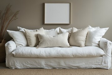 Obraz premium White Linen Sofa with Textured Cushions in a Neutral Living Room