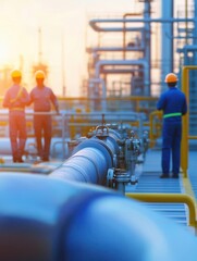 Workers in safety gear inspecting industrial pipelines at a refinery during sunset