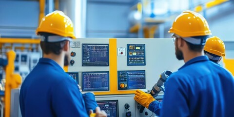Workers in safety gear monitor machinery controls in a modern industrial facility