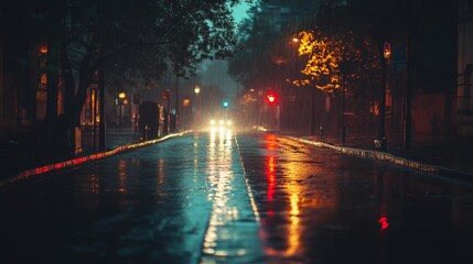 Obraz premium Wet street at night with car lights and trees.