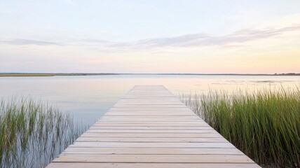 Fototapeta premium Serene wooden pier extending into calm waters at sunset with clear sky and grassy shoreline.