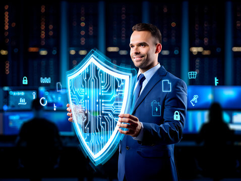 businessman with binary code background