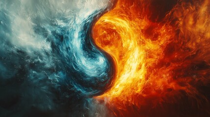 An artistic representation of the Yin-Yang symbol where one half is engulfed in roaring flames, vibrant and full of energy,