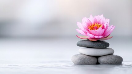A pink water lily rests atop a stack of gray and white stones. The image features a shallow depth of field, emphasizing the flower. The lighting is soft and natural, creating a serene mood. The styl