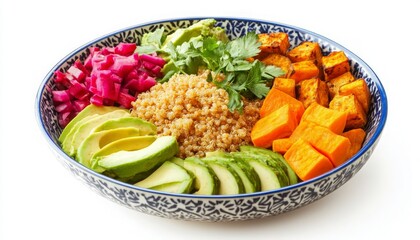Vibrant Quinoa Salad Bowl with Avocado and Roasted Vegetables on White Background, Perfect for Healthy Eating Promotions and Nutritional Awareness Campaigns