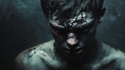 Obraz premium Portrait of a man with cracked skin dark background