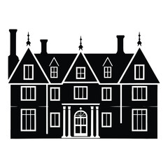 Naklejka premium Manor House Silhouette, Vector, Icon, Logo, White Background.