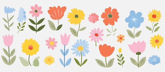 vintage-inspired cute spring flowers sticker set in pastel colors with minimalist hand-drawn vector illustration