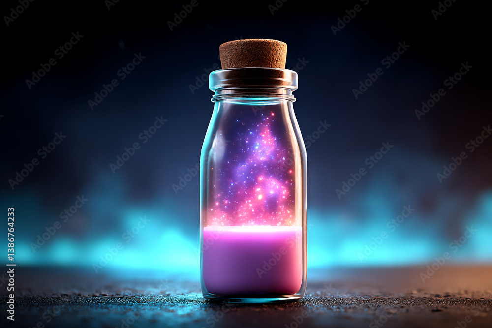 Poster p: a 3d render of a bottle made of light, forming abstract patterns, against a dark