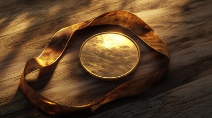 Fototapeta premium Gold medal as a symbol of championship on a rustic wooden table