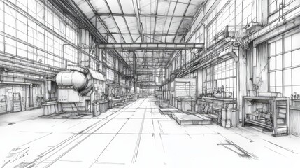Fototapeta premium Interior sketch of a large industrial building or factory.