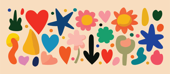 abstract pastel heart, star, and flower shapes in matisse cutout vector illustration style