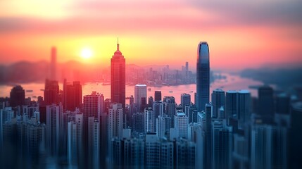 Fototapeta premium Vibrant cityscape at sunset with skyscrapers and water in the background