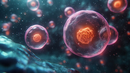 Naklejka premium Cells of Life: Microscopic View of Living Cells with Nucleus, for Biology and Research.