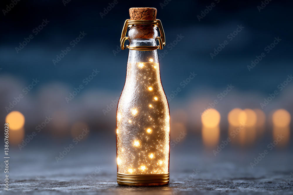 Poster p: a 3d render of a bottle made of light, forming abstract patterns, against a dark