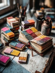 Colorful notebooks and art supplies on a rustic wooden table.