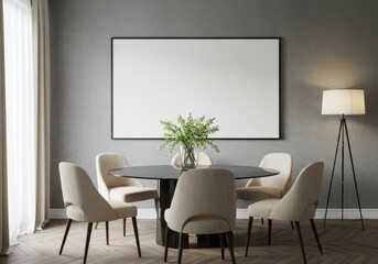 Dining room with round table chairs flowers and a large blank canvas on the wall in a modern style