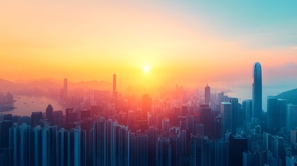 Vibrant cityscape at sunset overlooking a metropolitan skyline