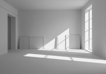 Fototapeta premium An all white room with sunlight streaming through a window and several frames leaning on the wall