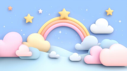Pastel rainbow, clouds, stars, dreamy scene.