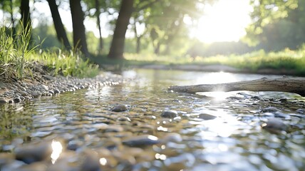 Fototapeta premium Tranquil creek flowing through a sunlit forest, highlighting nature's serene beauty.