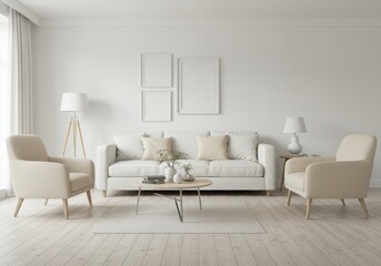 A bright living room with a white sofa armchairs and a coffee table under three blank picture frames