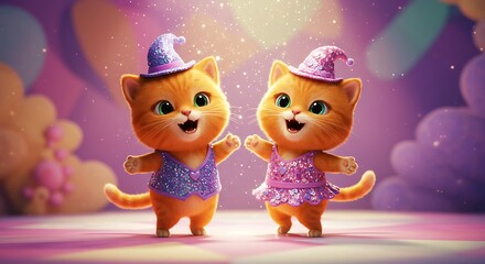 Magical Kitten Duo: 3D Render, Whimsical Purple Hues AI Generated