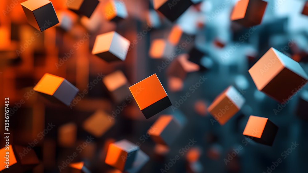 Poster abstract, three-dimensional floating cubes in orange and black with a gradient appearance.