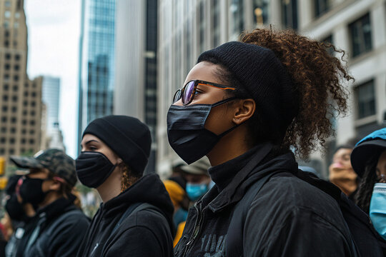Diverse group of people wearing face masks in a city, looking in the same direction. Represents unity, social awareness, public health, and urban life suggesting themes of solidarity or shared concern
