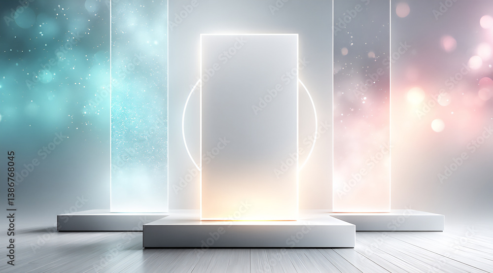 Poster p: a 3d render of a white podium with a glowing neon circle backdrop and abstract geometric shapes f