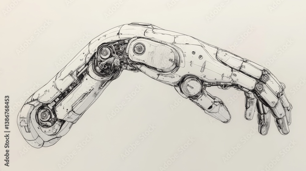 Poster mechanical arm drawing with visible joints and internal structure.