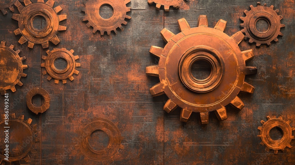 Poster several rusty gears scattered on a textured dark surface.
