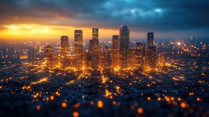 Obraz premium Night Cityscape: Illuminated Metropolis at Sunset