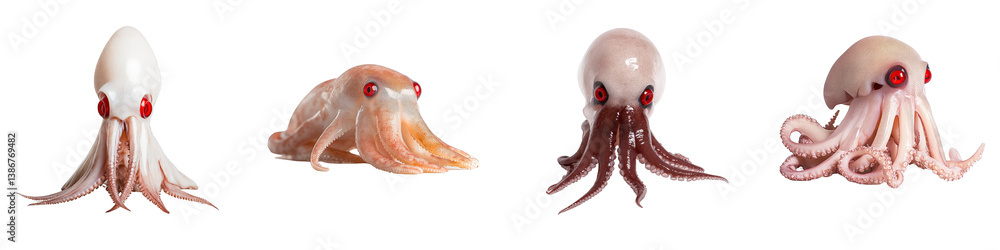 Poster four unique and colorful squid varieties with distinct shapes and features