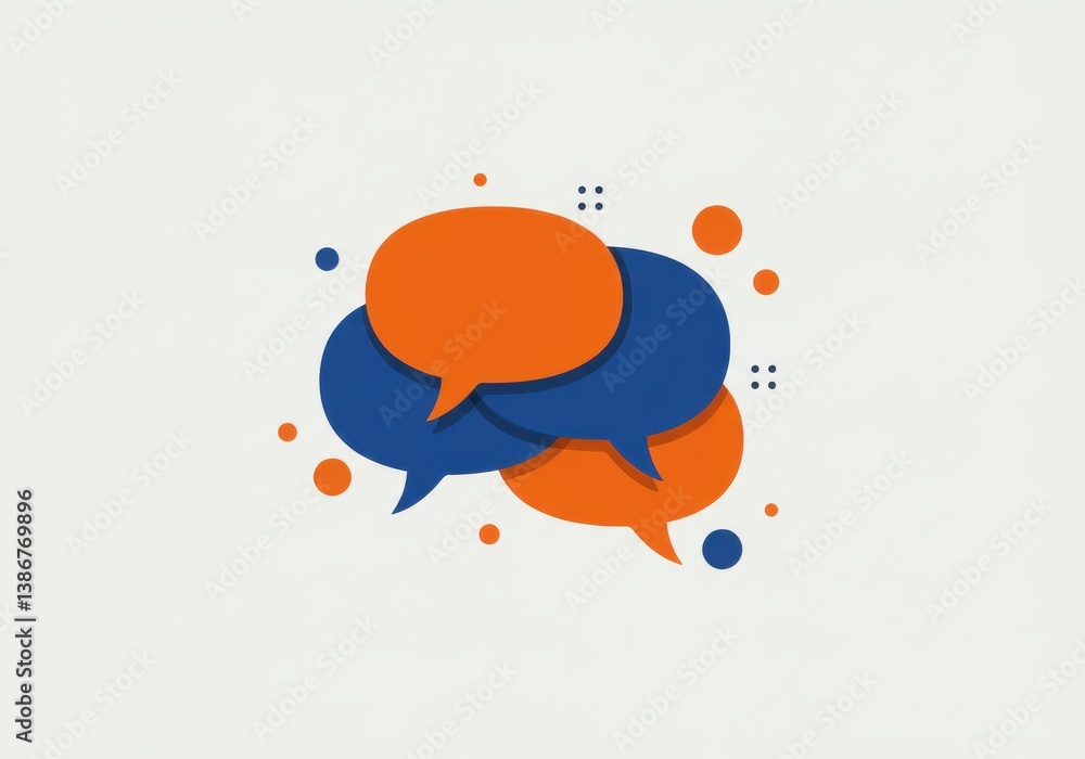 Aufkleber a collection of overlapping speech bubbles in orange and blue with scattered dots on a white backgro