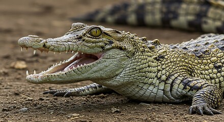 Obraz premium Young Crocodile Yawning on Riverbank: A Candid Wildlife Shot AI Generated