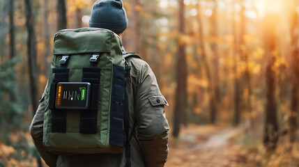 A person using a smart backpack to charge devices while traveling, outdoor environment with digital display on backpack showing charging status and power levels, High-tech style