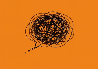 A black scribble inside a speech bubble with dots on a solid orange color background illustration