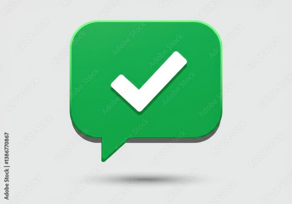 Poster green speech bubble with white check mark on a light grey background with a soft shadow below it