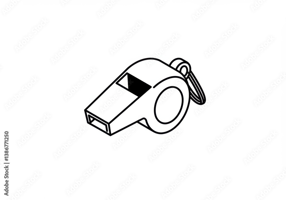 Poster a simple line drawing of a whistle with a ring attached to it on a plain white background view isome