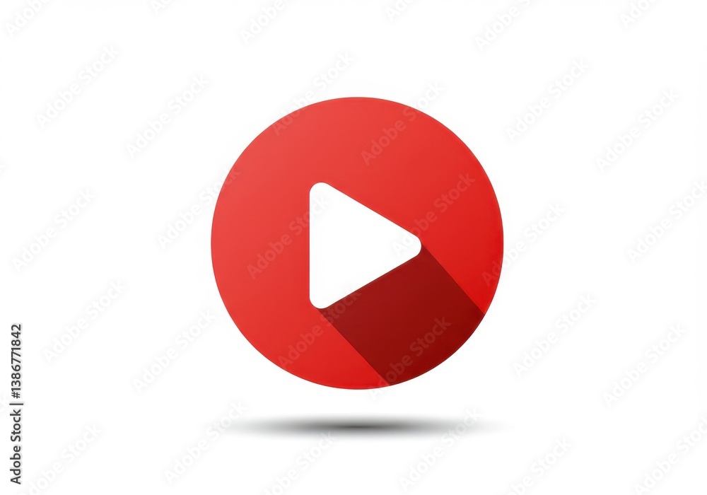 Poster a red circle with a white play button in the center and a shadow on a white background illustration