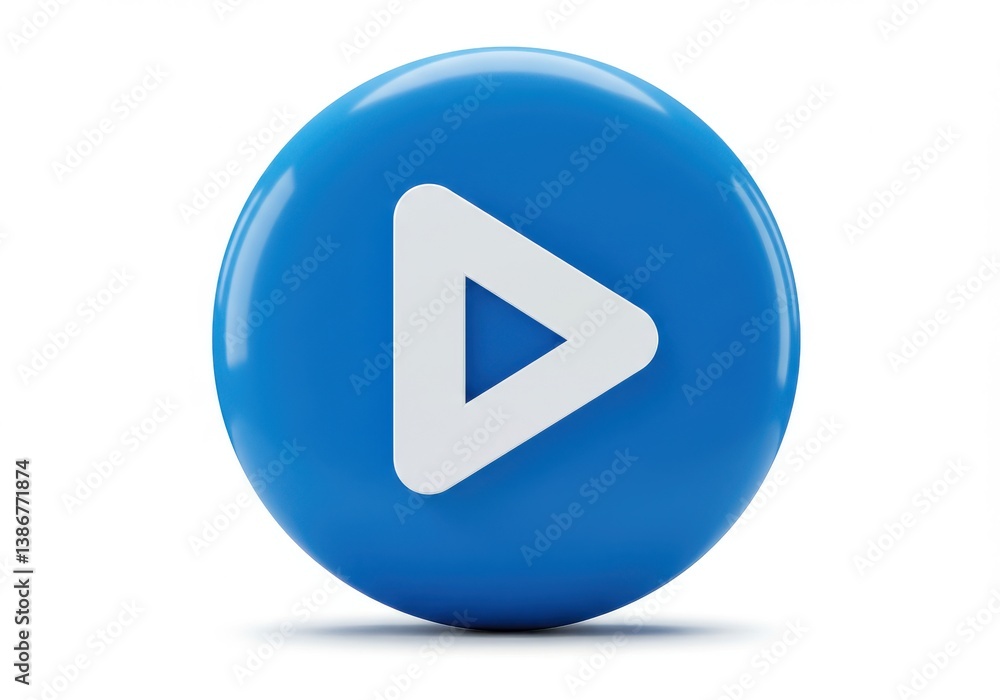 Poster a blue circular button with a white play symbol centered on a white background in a studio shot