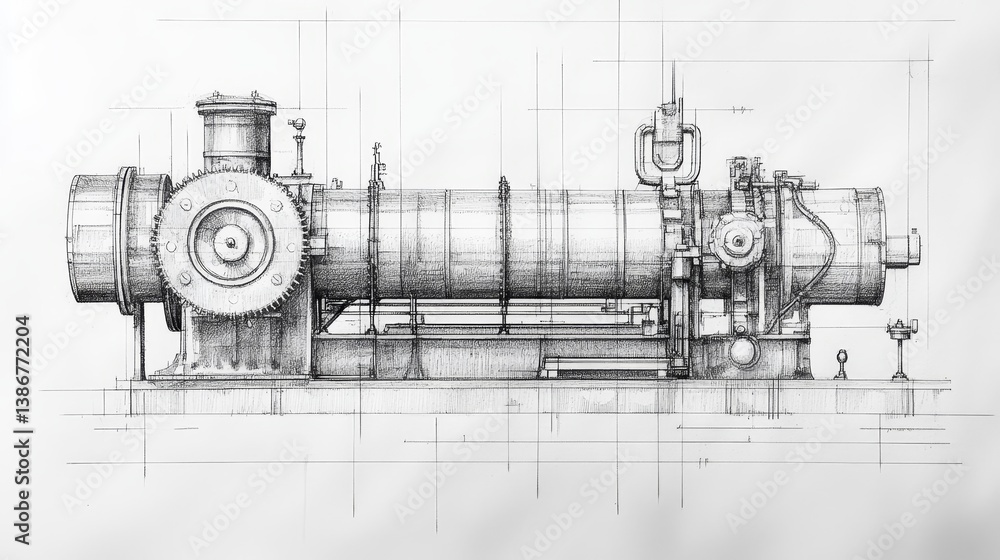 Poster technical drawing of a machine or engine on grid paper.